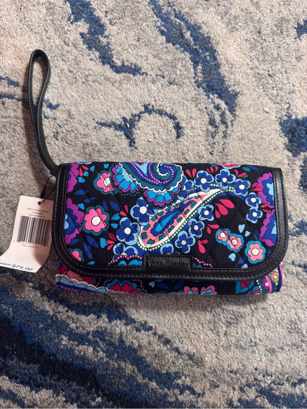 Vera Bradley RFIDBlack Floral Paisley Wristlet Clutch with Blue & Purple Accents
